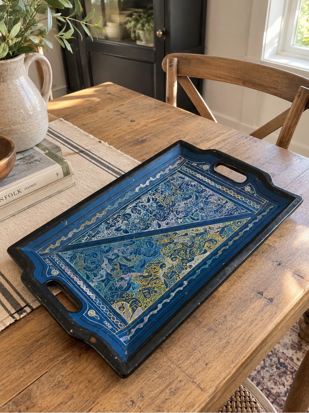 Vintage Blue Folk Art Wood Serving Tray Hand Painted Boho Ethnic Primitive Decor